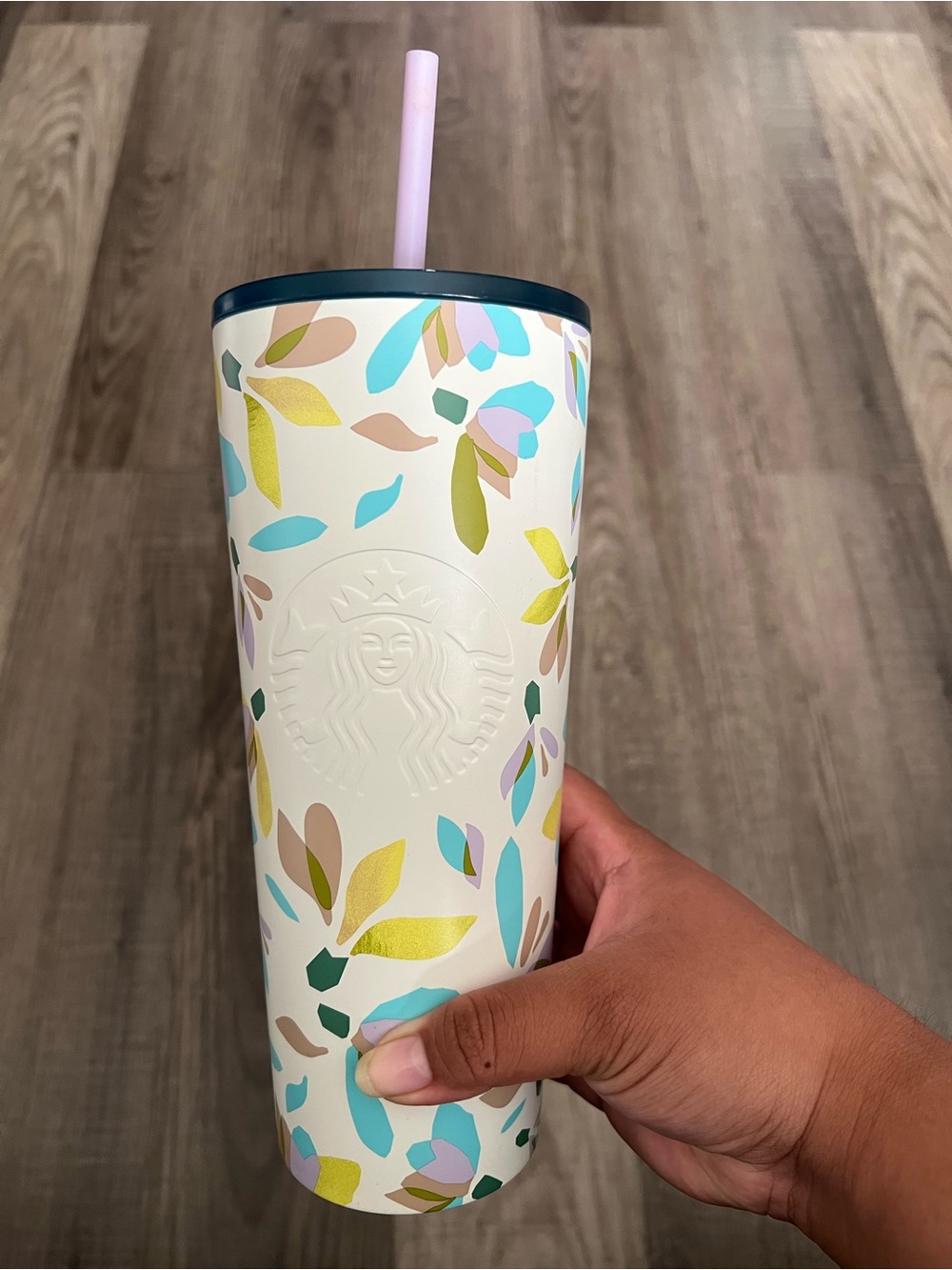 Starbucks White Tumbler with Multicolor Leaf Design and Pink Straw